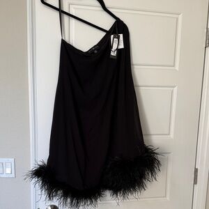 Betsy Adams Black One Shoulder Dress with Feather Trim